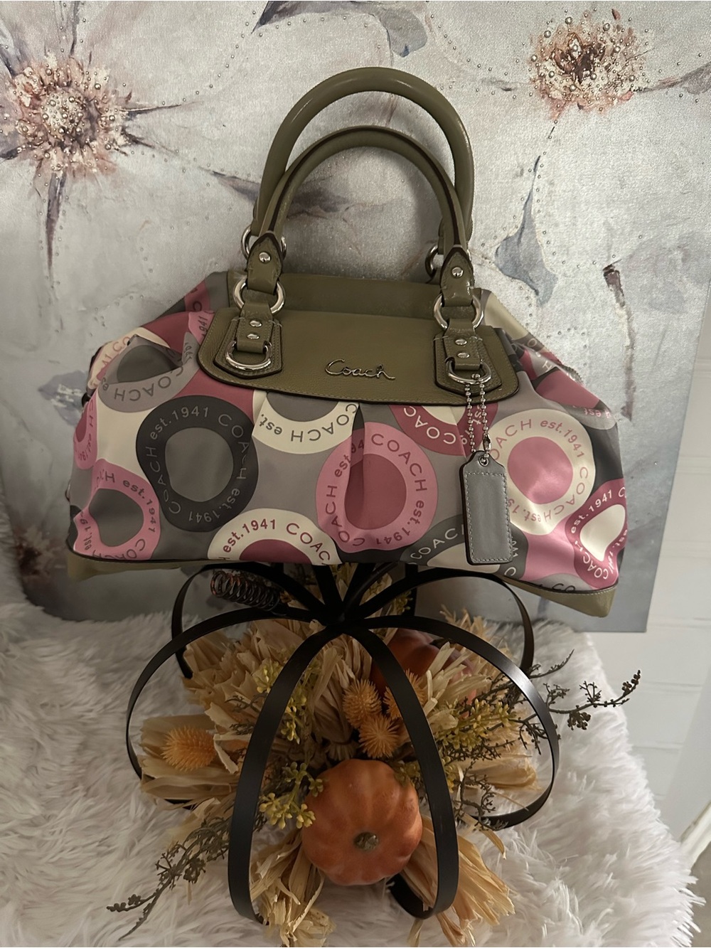Coach Pink and Olive Circle-Print Satchel with Logo Tag